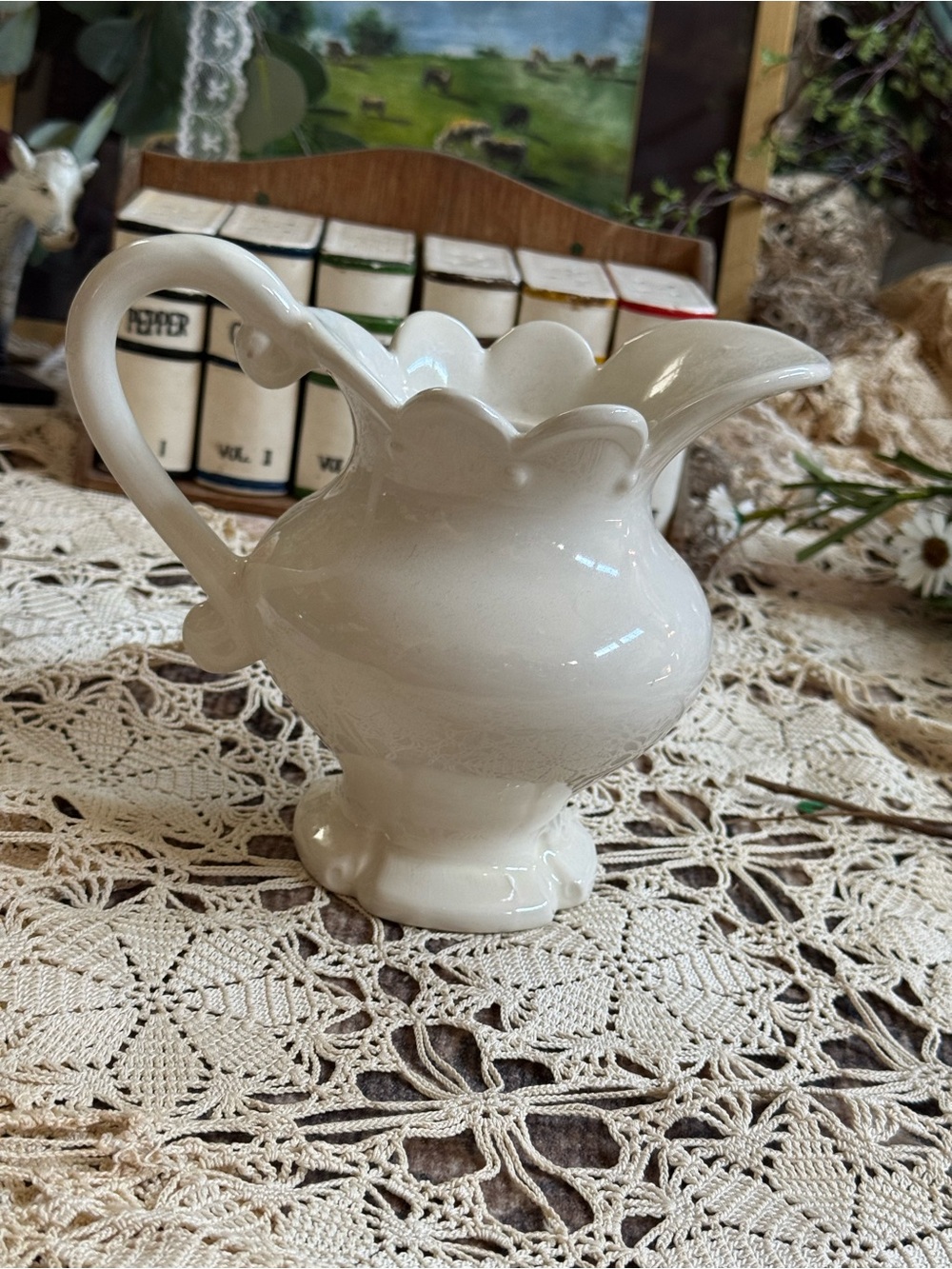 Vintage Cream Ceramic Pitcher - Scalloped Rim Accent - Picture 7 of 8